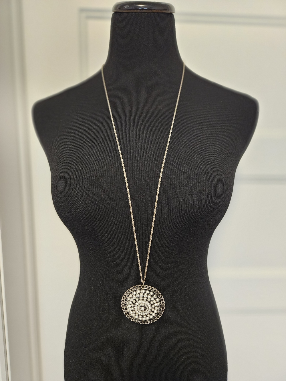 Long Silver-Tone Filigree Medallion Pendant Necklace - Women Jewelry